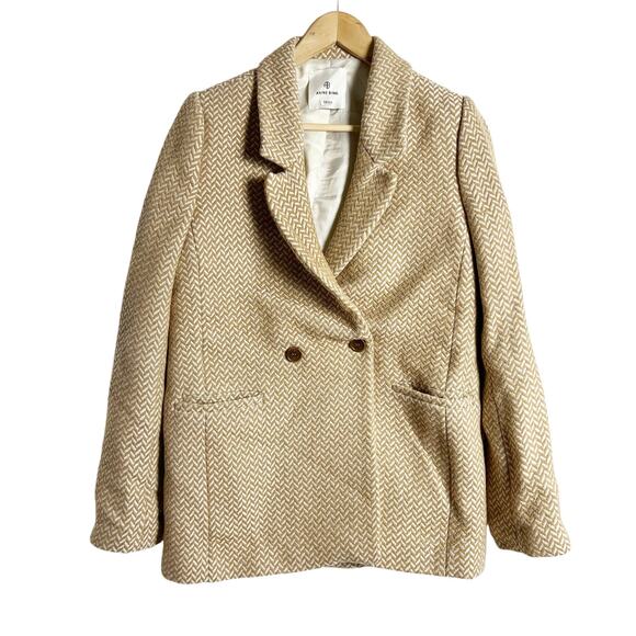 Anine Bing Tan Fishbone Wool Blend Double Breasted Relaxed Blazer Jacket Size S - Picture 4 of 16